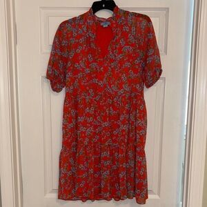 CeCe Red Floral V-Neck Short Sleeve Tiered Dress